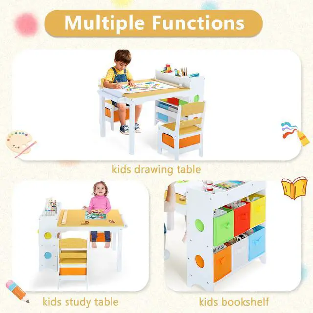 Alt view image 2 of 6 - Kids Art Table & 2 Chairs Set, 8 Storage Drawers, Natural | Wood Toddler Activity Table w/Paper Roll, Drawing, Studying, Kids Table and Chairs for Playroom, Daycare, Home, 3 Years+