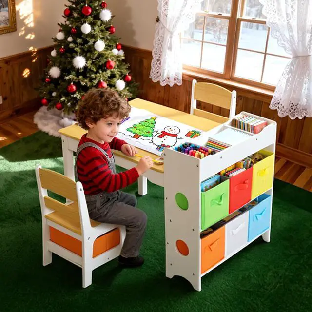Alt view image 3 of 6 - Kids Art Table & 2 Chairs Set, 8 Storage Drawers, Natural | Wood Toddler Activity Table w/Paper Roll, Drawing, Studying, Kids Table and Chairs for Playroom, Daycare, Home, 3 Years+