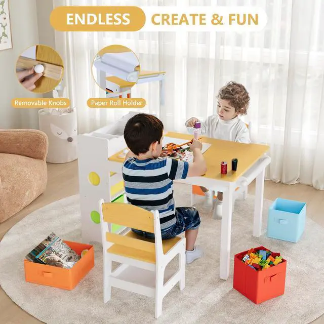 Alt view image 4 of 6 - Kids Art Table & 2 Chairs Set, 8 Storage Drawers, Natural | Wood Toddler Activity Table w/Paper Roll, Drawing, Studying, Kids Table and Chairs for Playroom, Daycare, Home, 3 Years+