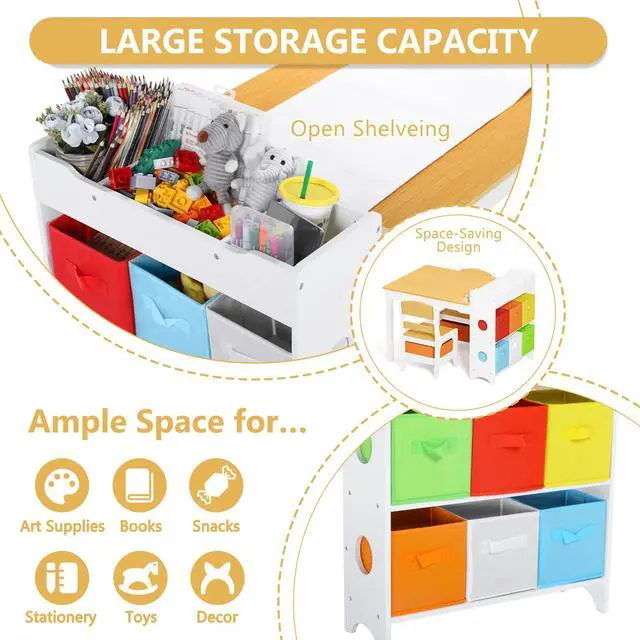 Alt view image 5 of 6 - Kids Art Table & 2 Chairs Set, 8 Storage Drawers, Natural | Wood Toddler Activity Table w/Paper Roll, Drawing, Studying, Kids Table and Chairs for Playroom, Daycare, Home, 3 Years+