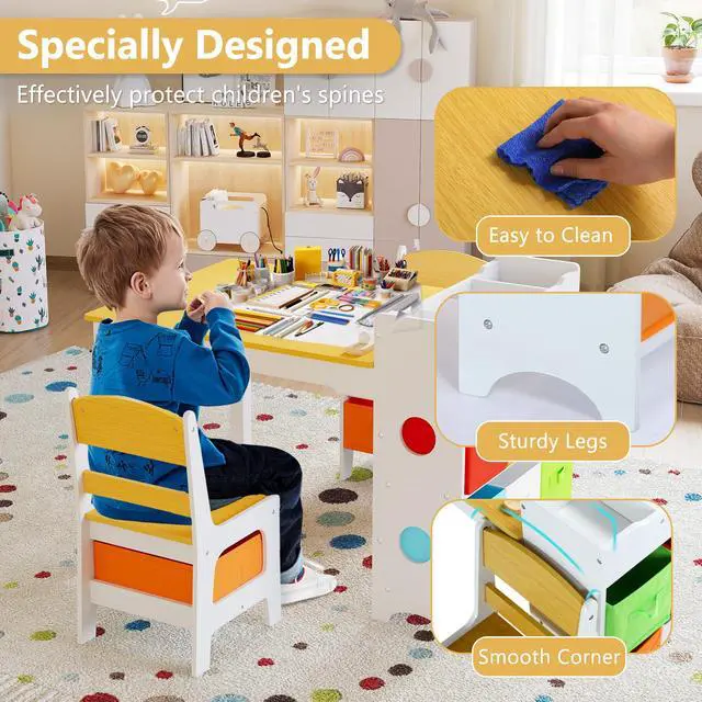 Alt view image 6 of 6 - Kids Art Table & 2 Chairs Set, 8 Storage Drawers, Natural | Wood Toddler Activity Table w/Paper Roll, Drawing, Studying, Kids Table and Chairs for Playroom, Daycare, Home, 3 Years+