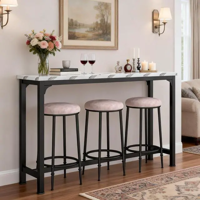 Alt view image 2 of 6 - Bar Table Set for 3, 4 Piece Console Table with 3 Stools, Counter Height Kitchen Table Set with 3 Chairs for Breakfast Nook, Living Room and Apartment (White & Black)