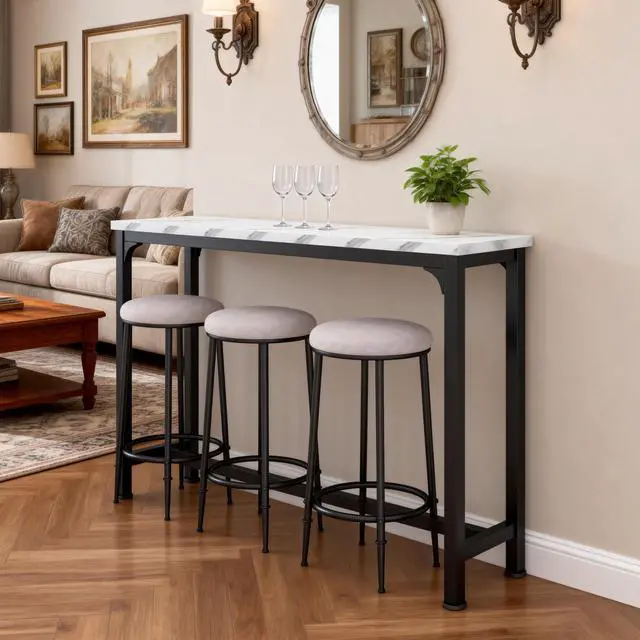 Alt view image 3 of 6 - Bar Table Set for 3, 4 Piece Console Table with 3 Stools, Counter Height Kitchen Table Set with 3 Chairs for Breakfast Nook, Living Room and Apartment (White & Black)