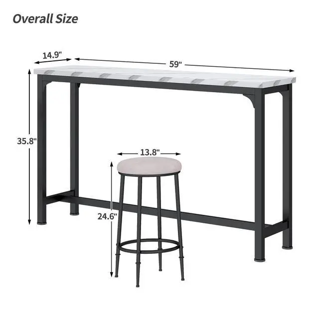 Alt view image 6 of 6 - Bar Table Set for 3, 4 Piece Console Table with 3 Stools, Counter Height Kitchen Table Set with 3 Chairs for Breakfast Nook, Living Room and Apartment (White & Black)