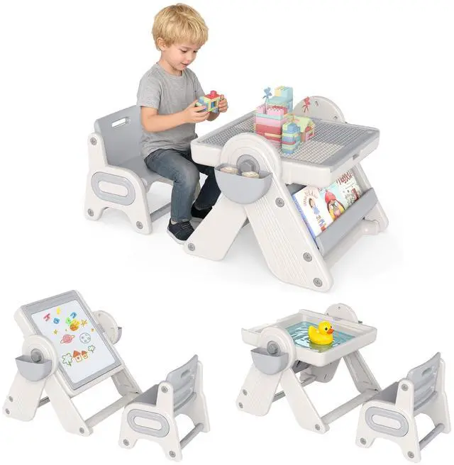 Main image of Kids Table and Chair Set, 9-in-1 Height Adjustable Art Easel w/Whiteboard, Building Block Tabletop, Bookshelf, Sand/Water Table, Storage, Folding Toddler Table and Chair Set (Gray)
