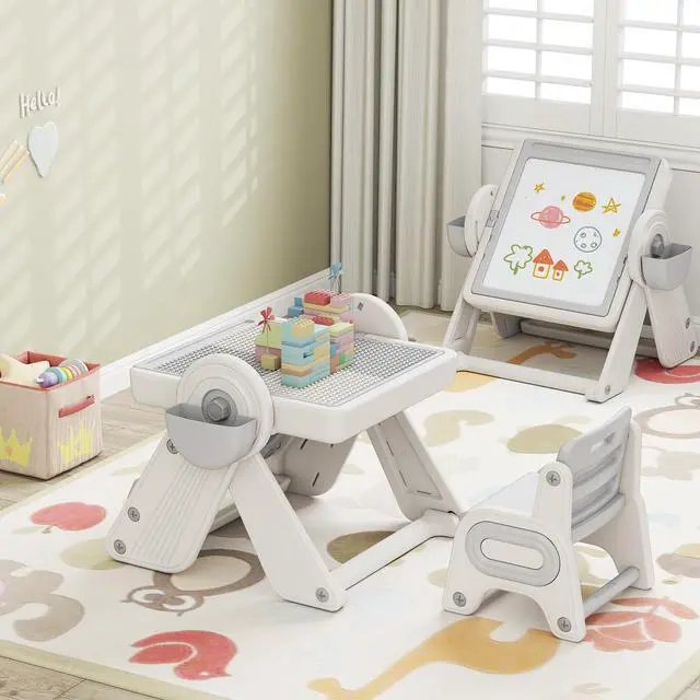 Alt view image 2 of 6 - Kids Table and Chair Set, 9-in-1 Height Adjustable Art Easel w/Whiteboard, Building Block Tabletop, Bookshelf, Sand/Water Table, Storage, Folding Toddler Table and Chair Set (Gray)