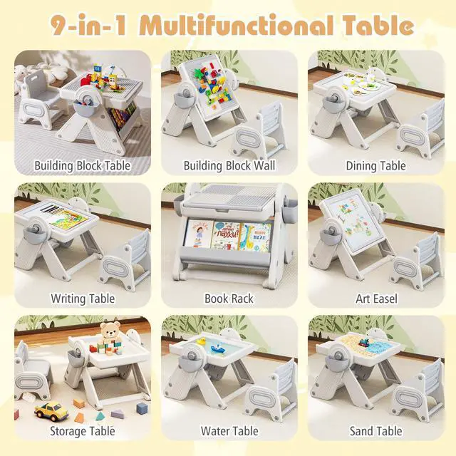 Alt view image 3 of 6 - Kids Table and Chair Set, 9-in-1 Height Adjustable Art Easel w/Whiteboard, Building Block Tabletop, Bookshelf, Sand/Water Table, Storage, Folding Toddler Table and Chair Set (Gray)