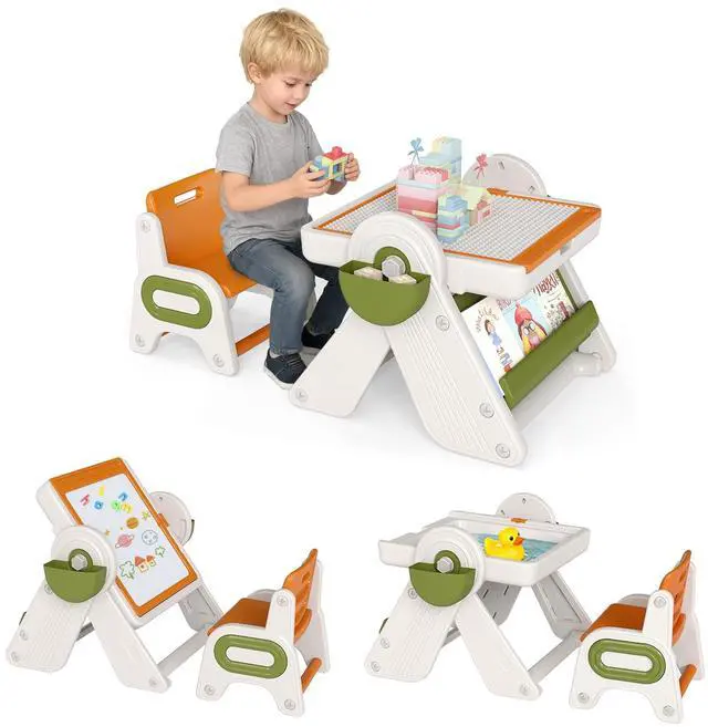 Main image of Kids Table and Chair Set, 9-in-1 Height Adjustable Art Easel w/Whiteboard, Building Block Tabletop, Bookshelf, Sand/Water Table, Storage, Folding Toddler Table and Chair Set (Orange)