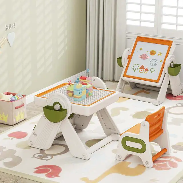 Alt view image 2 of 6 - Kids Table and Chair Set, 9-in-1 Height Adjustable Art Easel w/Whiteboard, Building Block Tabletop, Bookshelf, Sand/Water Table, Storage, Folding Toddler Table and Chair Set (Orange)