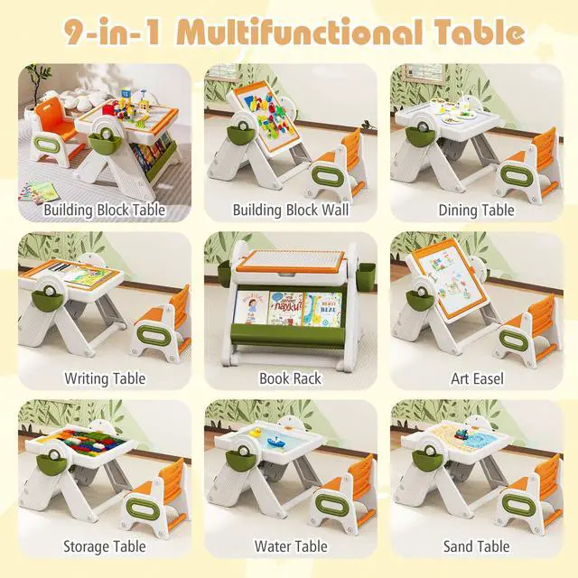 Alt view image 3 of 6 - Kids Table and Chair Set, 9-in-1 Height Adjustable Art Easel w/Whiteboard, Building Block Tabletop, Bookshelf, Sand/Water Table, Storage, Folding Toddler Table and Chair Set (Orange)