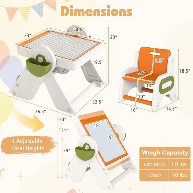 Alt view image 4 of 6 - Kids Table and Chair Set, 9-in-1 Height Adjustable Art Easel w/Whiteboard, Building Block Tabletop, Bookshelf, Sand/Water Table, Storage, Folding Toddler Table and Chair Set (Orange)