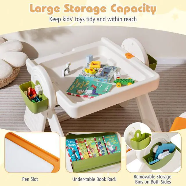Alt view image 5 of 6 - Kids Table and Chair Set, 9-in-1 Height Adjustable Art Easel w/Whiteboard, Building Block Tabletop, Bookshelf, Sand/Water Table, Storage, Folding Toddler Table and Chair Set (Orange)