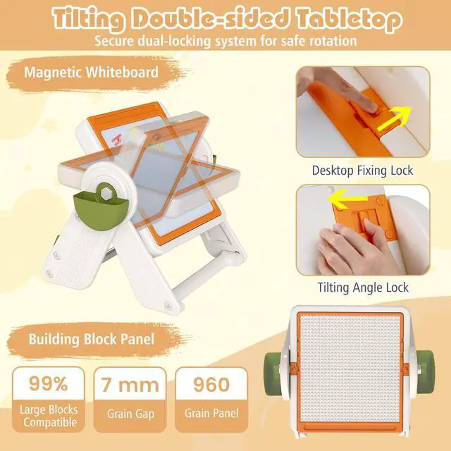 Alt view image 6 of 6 - Kids Table and Chair Set, 9-in-1 Height Adjustable Art Easel w/Whiteboard, Building Block Tabletop, Bookshelf, Sand/Water Table, Storage, Folding Toddler Table and Chair Set (Orange)