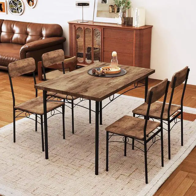 Alt view image 2 of 6 - Dining Table Set for 4, Rectangle Kitchen Table and 4 Farmhouse Dining Chairs with Heavy-Duty Metal Frame, Wood Grain Surface,Space-Saving Dinette Set for Small Space, Home, Restaurant