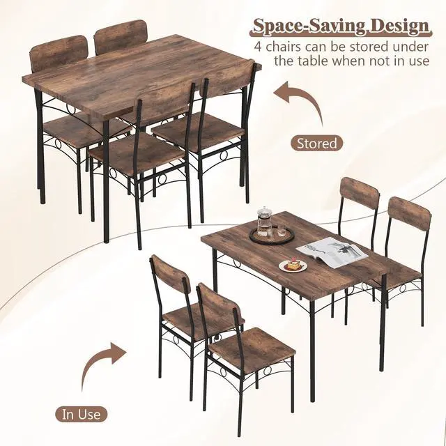 Alt view image 4 of 6 - Dining Table Set for 4, Rectangle Kitchen Table and 4 Farmhouse Dining Chairs with Heavy-Duty Metal Frame, Wood Grain Surface,Space-Saving Dinette Set for Small Space, Home, Restaurant