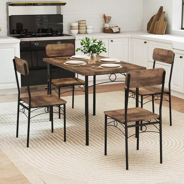Alt view image 5 of 6 - Dining Table Set for 4, Rectangle Kitchen Table and 4 Farmhouse Dining Chairs with Heavy-Duty Metal Frame, Wood Grain Surface,Space-Saving Dinette Set for Small Space, Home, Restaurant