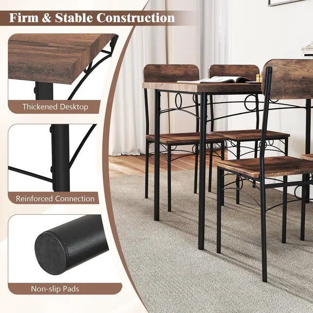 Alt view image 6 of 6 - Dining Table Set for 4, Rectangle Kitchen Table and 4 Farmhouse Dining Chairs with Heavy-Duty Metal Frame, Wood Grain Surface,Space-Saving Dinette Set for Small Space, Home, Restaurant