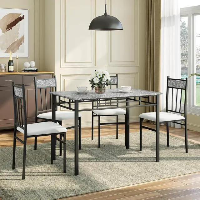 Alt view image 2 of 6 - 5-Piece Dining Table Set for 4, Kitchen Table and Upholstered Chairs Set with Faux Marble Tabletop & Metal Frame, Space-Saving Dinette Set for Breakfast Nook, Small Space, Grey