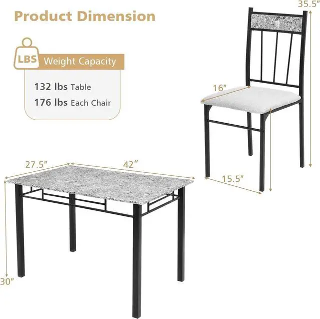 Alt view image 3 of 6 - 5-Piece Dining Table Set for 4, Kitchen Table and Upholstered Chairs Set with Faux Marble Tabletop & Metal Frame, Space-Saving Dinette Set for Breakfast Nook, Small Space, Grey