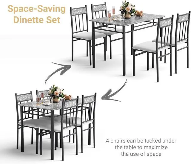 Alt view image 6 of 6 - 5-Piece Dining Table Set for 4, Kitchen Table and Upholstered Chairs Set with Faux Marble Tabletop & Metal Frame, Space-Saving Dinette Set for Breakfast Nook, Small Space, Grey