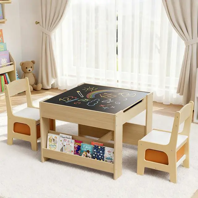 Main image of Kids Table and Chairs Set, 4 in 1 Toddler Art Desk with Storage Drawer, Wooden Activity Deskboard, Blackboard, Reversible & Detachable Tabletop, Bookshelf for Drawing, Reading (Natural & White)