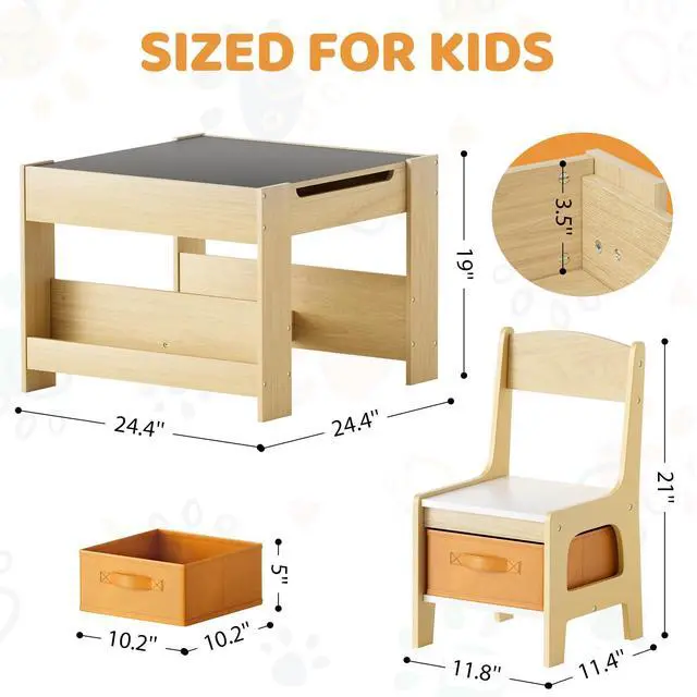 Alt view image 2 of 6 - Kids Table and Chairs Set, 4 in 1 Toddler Art Desk with Storage Drawer, Wooden Activity Deskboard, Blackboard, Reversible & Detachable Tabletop, Bookshelf for Drawing, Reading (Natural & White)