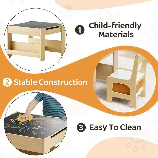 Alt view image 3 of 6 - Kids Table and Chairs Set, 4 in 1 Toddler Art Desk with Storage Drawer, Wooden Activity Deskboard, Blackboard, Reversible & Detachable Tabletop, Bookshelf for Drawing, Reading (Natural & White)