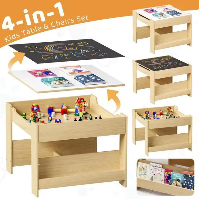 Alt view image 4 of 6 - Kids Table and Chairs Set, 4 in 1 Toddler Art Desk with Storage Drawer, Wooden Activity Deskboard, Blackboard, Reversible & Detachable Tabletop, Bookshelf for Drawing, Reading (Natural & White)