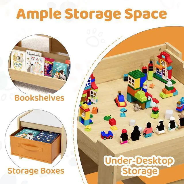Alt view image 5 of 6 - Kids Table and Chairs Set, 4 in 1 Toddler Art Desk with Storage Drawer, Wooden Activity Deskboard, Blackboard, Reversible & Detachable Tabletop, Bookshelf for Drawing, Reading (Natural & White)