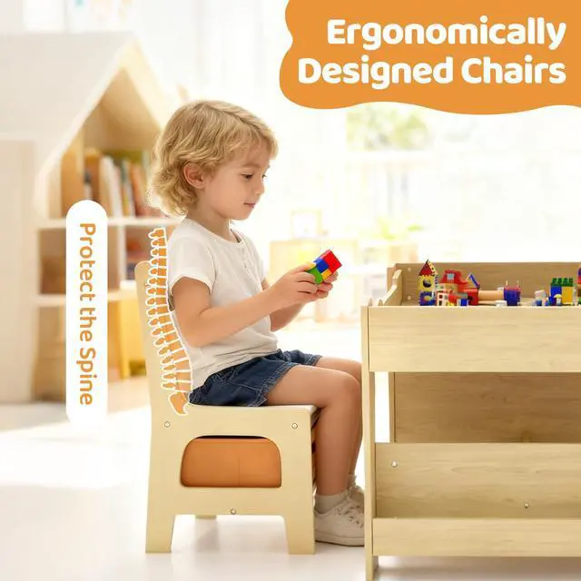 Alt view image 6 of 6 - Kids Table and Chairs Set, 4 in 1 Toddler Art Desk with Storage Drawer, Wooden Activity Deskboard, Blackboard, Reversible & Detachable Tabletop, Bookshelf for Drawing, Reading (Natural & White)
