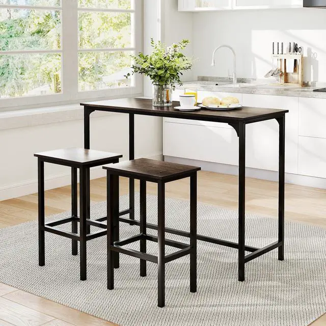 Alt view image 2 of 6 - 3-Piece Dining Table Set, 47.5" Industrial Counter-Height Kitchen Table and 2 Bar Stools, High Top Rectangular Pub Table and Chairs for Dining Room Small Place Breakfast Nook Bistro (Grey)