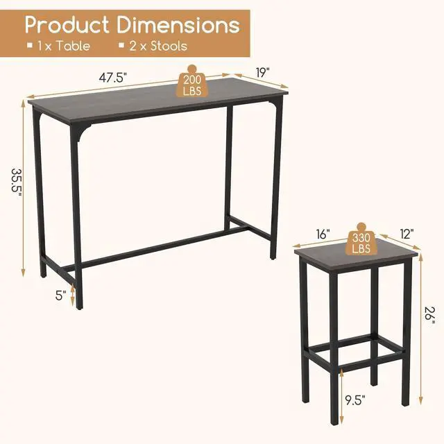 Alt view image 3 of 6 - 3-Piece Dining Table Set, 47.5" Industrial Counter-Height Kitchen Table and 2 Bar Stools, High Top Rectangular Pub Table and Chairs for Dining Room Small Place Breakfast Nook Bistro (Grey)