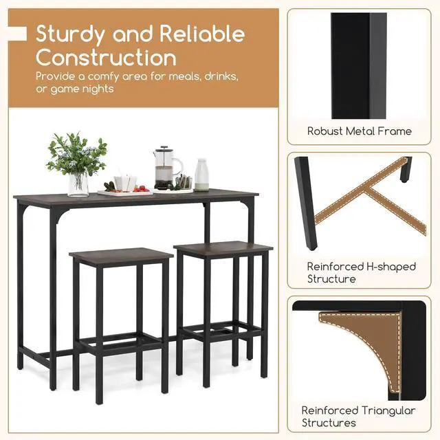 Alt view image 6 of 6 - 3-Piece Dining Table Set, 47.5" Industrial Counter-Height Kitchen Table and 2 Bar Stools, High Top Rectangular Pub Table and Chairs for Dining Room Small Place Breakfast Nook Bistro (Grey)