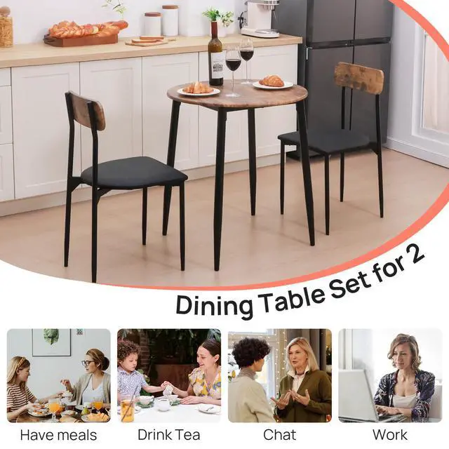 Alt view image 2 of 6 - Round Dining Table Set for 2, 3-Piece Wood Tabletop Samill Kitchen Table and Chairs with Strong Metal Frame, Modern Dinette with Chairs for Small Spaces Living Room (Brown)