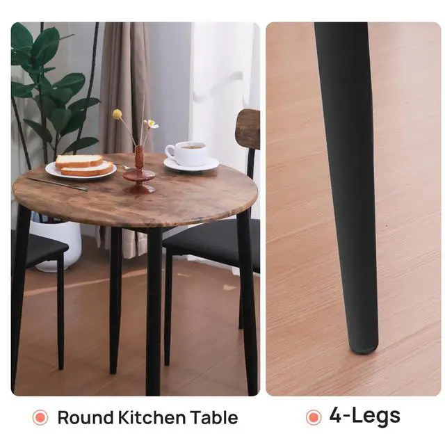 Alt view image 3 of 6 - Round Dining Table Set for 2, 3-Piece Wood Tabletop Samill Kitchen Table and Chairs with Strong Metal Frame, Modern Dinette with Chairs for Small Spaces Living Room (Brown)