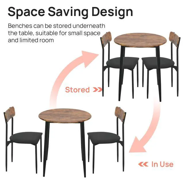Alt view image 5 of 6 - Round Dining Table Set for 2, 3-Piece Wood Tabletop Samill Kitchen Table and Chairs with Strong Metal Frame, Modern Dinette with Chairs for Small Spaces Living Room (Brown)