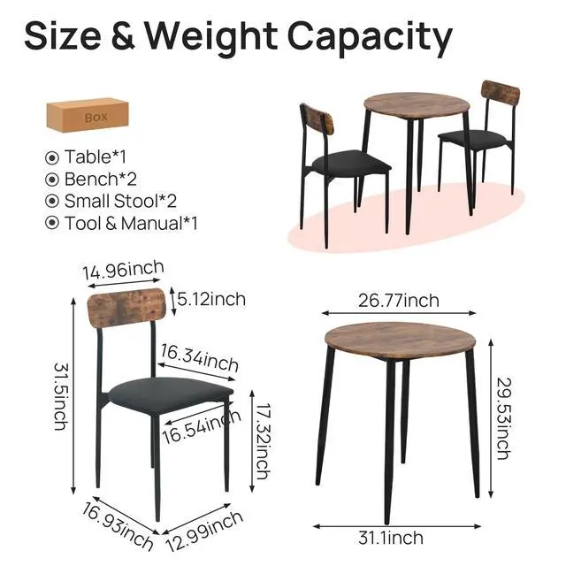 Alt view image 6 of 6 - Round Dining Table Set for 2, 3-Piece Wood Tabletop Samill Kitchen Table and Chairs with Strong Metal Frame, Modern Dinette with Chairs for Small Spaces Living Room (Brown)
