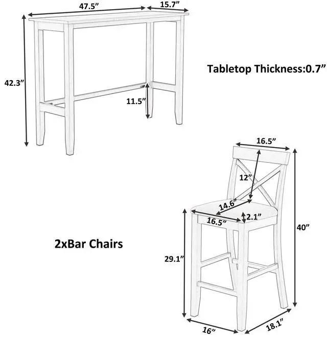 Alt view image 2 of 6 - 3 Piece Pub Table and Chair Set, Small Wood Counter Height Bar Table Set for 2, Breakfast Nook Table Set, 3 Piece High Top Dining Table for Kitchen, Natural