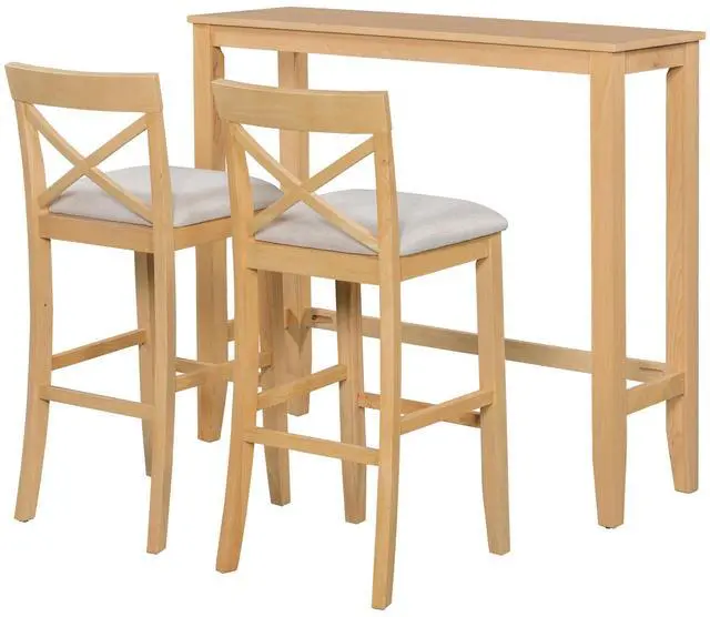 Alt view image 3 of 6 - 3 Piece Pub Table and Chair Set, Small Wood Counter Height Bar Table Set for 2, Breakfast Nook Table Set, 3 Piece High Top Dining Table for Kitchen, Natural