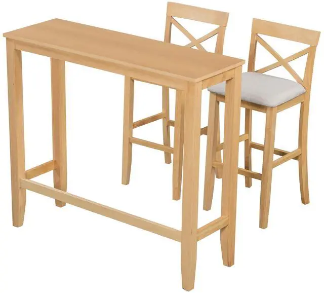 Alt view image 4 of 6 - 3 Piece Pub Table and Chair Set, Small Wood Counter Height Bar Table Set for 2, Breakfast Nook Table Set, 3 Piece High Top Dining Table for Kitchen, Natural