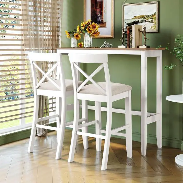 Main image of 3 Piece Pub Table and Chair Set, Small Wood Counter Height Bar Table Set for 2, Breakfast Nook Table Set, 3 Piece High Top Dining Table for Kitchen, White + Beige