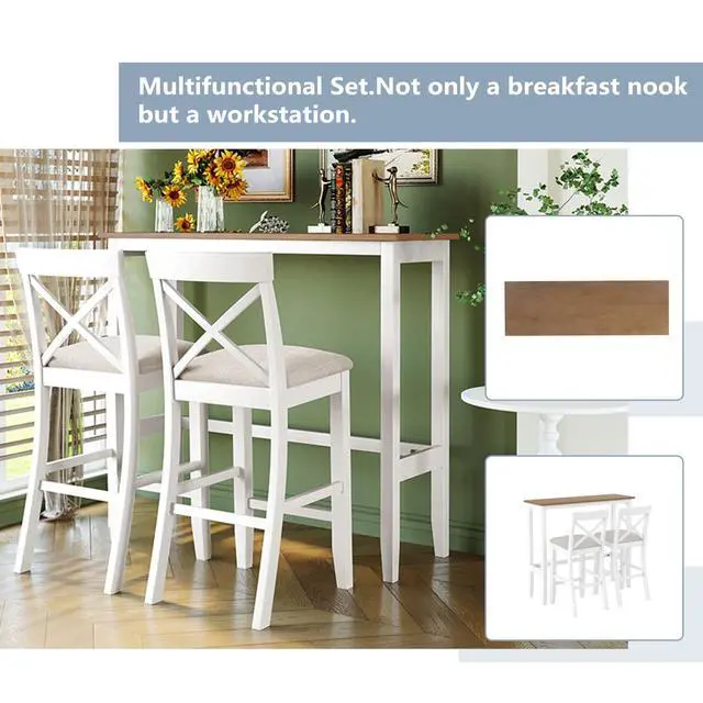 Alt view image 3 of 6 - 3 Piece Pub Table and Chair Set, Small Wood Counter Height Bar Table Set for 2, Breakfast Nook Table Set, 3 Piece High Top Dining Table for Kitchen, White + Beige