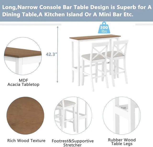 Alt view image 4 of 6 - 3 Piece Pub Table and Chair Set, Small Wood Counter Height Bar Table Set for 2, Breakfast Nook Table Set, 3 Piece High Top Dining Table for Kitchen, White + Beige