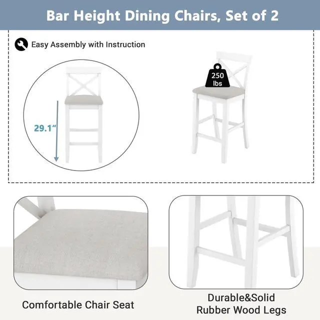 Alt view image 5 of 6 - 3 Piece Pub Table and Chair Set, Small Wood Counter Height Bar Table Set for 2, Breakfast Nook Table Set, 3 Piece High Top Dining Table for Kitchen, White + Beige