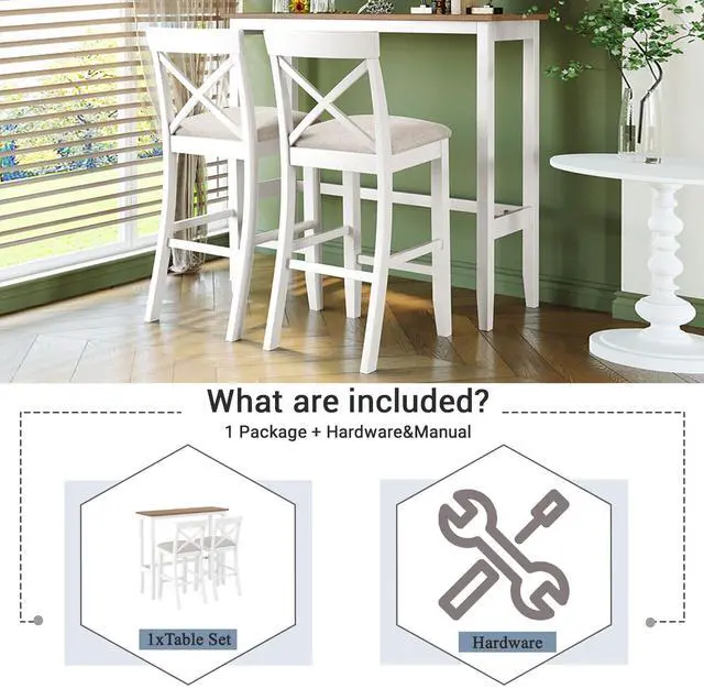 Alt view image 6 of 6 - 3 Piece Pub Table and Chair Set, Small Wood Counter Height Bar Table Set for 2, Breakfast Nook Table Set, 3 Piece High Top Dining Table for Kitchen, White + Beige