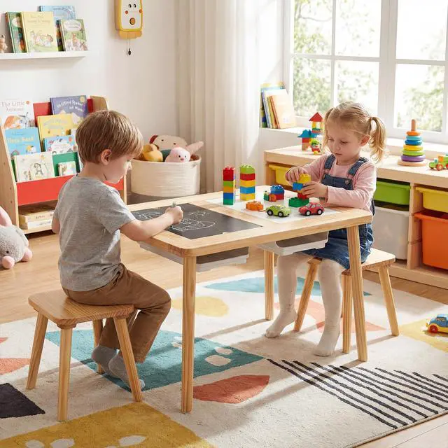 Alt view image 2 of 6 - Toddler Sensory Table and Chairs, Wooden Table and Chair Set w/Double-Sided Boards & 2 Foldable Storage Bins, All-in-One Kids Activity Table for Drawing, Sand and Water Play (3 PCS,Natural)