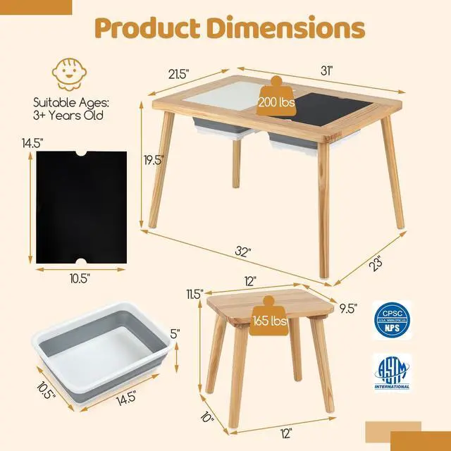 Alt view image 3 of 6 - Toddler Sensory Table and Chairs, Wooden Table and Chair Set w/Double-Sided Boards & 2 Foldable Storage Bins, All-in-One Kids Activity Table for Drawing, Sand and Water Play (3 PCS,Natural)