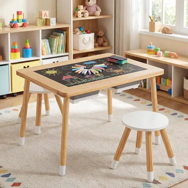Alt view image 4 of 6 - Toddler Sensory Table and Chairs, Wooden Table and Chair Set w/Double-Sided Boards & 2 Foldable Storage Bins, All-in-One Kids Activity Table for Drawing, Sand and Water Play (3 PCS,Natural)