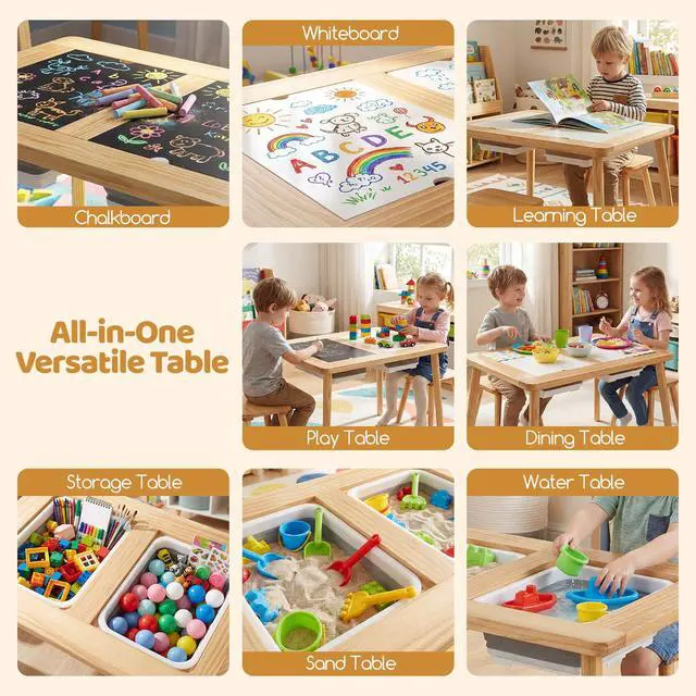 Alt view image 5 of 6 - Toddler Sensory Table and Chairs, Wooden Table and Chair Set w/Double-Sided Boards & 2 Foldable Storage Bins, All-in-One Kids Activity Table for Drawing, Sand and Water Play (3 PCS,Natural)