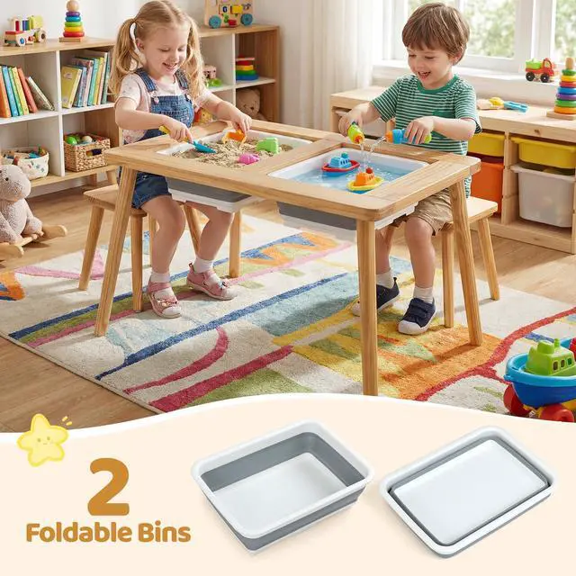 Alt view image 6 of 6 - Toddler Sensory Table and Chairs, Wooden Table and Chair Set w/Double-Sided Boards & 2 Foldable Storage Bins, All-in-One Kids Activity Table for Drawing, Sand and Water Play (3 PCS,Natural)